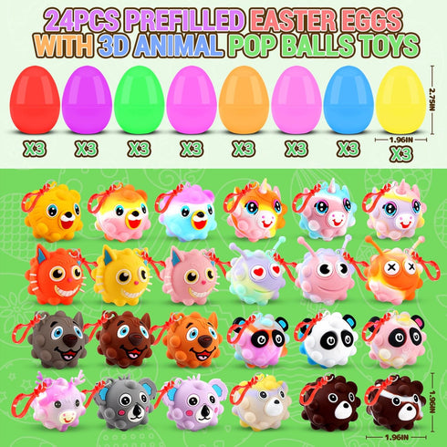 24 Pack 3D KissFuture Prefilled Easter Eggs with Animal Pop Balls Toys, Easter Eggs Filled for Egg Hunt ,Easter Baskets