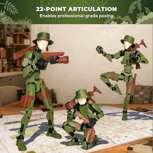 T13 (Dummy 13 13), 3D Action Figure / Titan Jungle Soldier - Printed Poseable Robot with Accessories for Stop Motion
