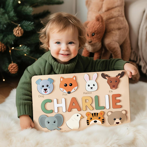 1st 0-3: Cute Name Puzzle: Personalized with Name and Animals | Birthday Gift, Wooden Toy Playful Learning Experience