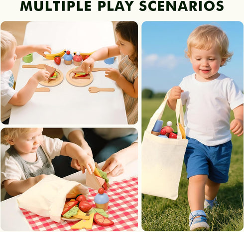 Set, 32 Playset 3+ PairPear Wooden Play Food Pcs Pretend Play Kitchen & Picnic with Carry Bag, Play Kitchen Accessories