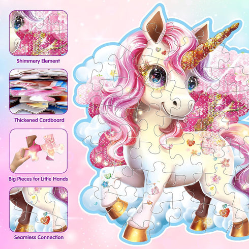 45pcs Shimmery Unicorn Shaped Jumbo Jigsaw Floor Puzzles for Kids Ages 3-5, Birthday Gift (28'' x 33'')