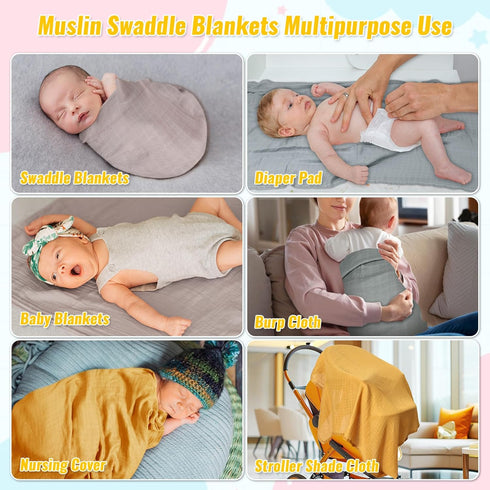 Sublaga 3Pcs 47x47 3Pcs 20x10 Baby Muslin Swaddle Blankets for Boys Girls + Muslin Baby Burp Cloths, Baby Swaddle