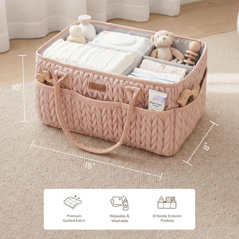 Konssy Braided Quilted Diaper Caddy Organizer, Boho Nursery Storage Basket with PU Leather Handles, Water-Repellent