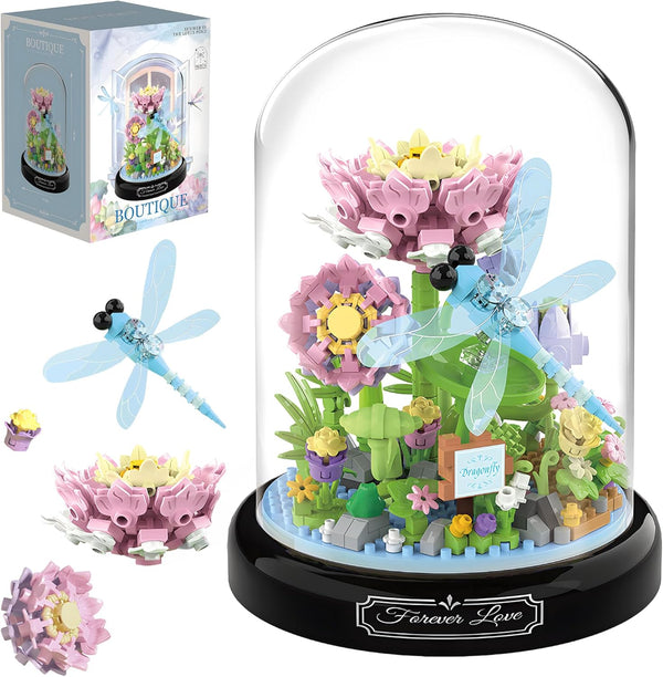 HI-REEKE Flower Dragonfly Bouquet Building Block Set, Micro Mini Botanical Building Toy for Women, 568 PCS