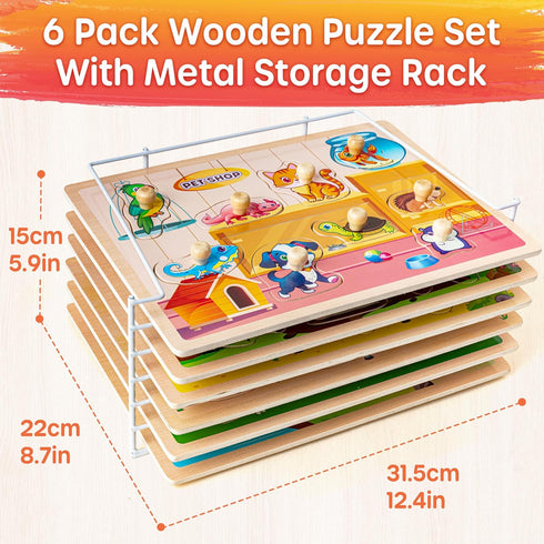 1-3, 6XSET 2-4 2-4, 2 3 SYNARRY Wooden Puzzles for Toddlers Animals Puzzles for Toddlers with Rack, Toddler Puzzles