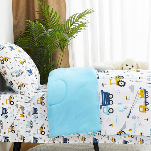 lasoftan Set, 4-Piece Set Cars Toddler Bedding Bed-in-a-Bag Comforter for Boys, Construction Truck Bedding, Machine