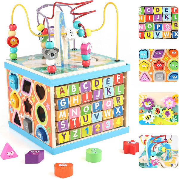 Qilay Wooden Activity Cube for Toddlers 1-3, 5 in 1 Multipurpose ABC-123 Abacus Montessori Learning Toys for 1-3 Year