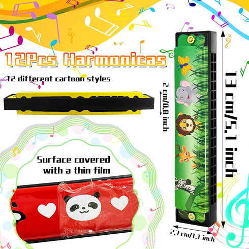 12Pcs Harmonicas,16 Kids Holes Cartoon Harmonica Toy with Double Row for Toddlers,Beginners,Musical Instrument,Easter