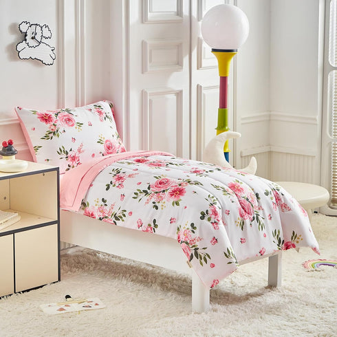 Set 4 Set Flower Toddler Bedding for Girls Pieces White Floral Toddler Bed with Pink Roses and Green Leaves - Includes