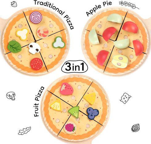 Set, 28 Playset 3+ PairPear Wooden Pizza Cutting Play Food Piece Pretend Play Pizza Toy Kitchen Montessori Kitchen