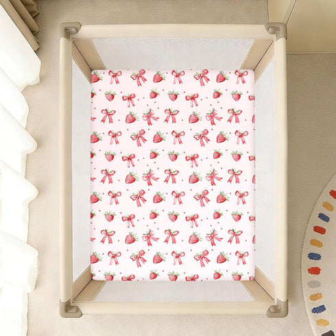 Soft Jersey Knit Crib Sheets for Boys or Girls - Strawberries and Bows Pattern, Size M