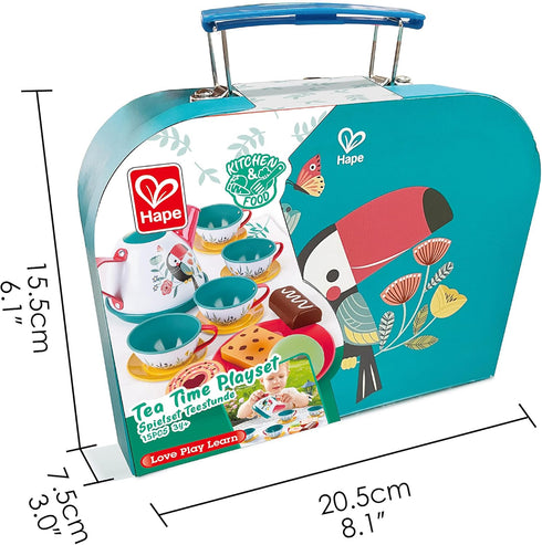 Set 18-Piece Set 3+ Hape Tea for Little Girls & Boys, Tin Tea Party with Toucan Carrying Case, Toy Teapot, Play Food