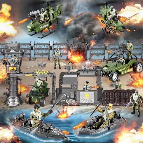 JASSKKBO 87-in-1 Sets 4-7 8-12 Army Men Toys for Boys , Military Base/Truck/Helicopter/Kayak Boat/Motorcycle/Army Men