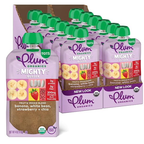 Plum Organics Mighty Builder Organic Toddler Food - 4 oz Pouch (Pack of 12) - Banana, White Bean, Strawberry, and Chia