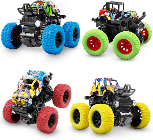 M SANMERSEN Monster Trucks for Boys, 4 Pack Push and Go Friction Powered Cars, 360° Rotating Stunt Car Gifts