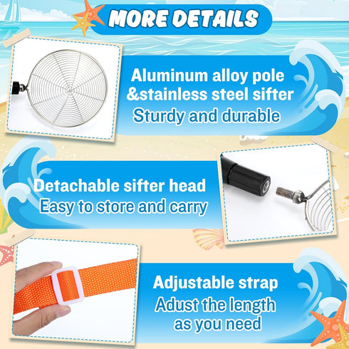 2 Pack 21.6"~33" Sand Sifter with Seashell Bags - Adjustable Shark Tooth Sifter for The Beach Seashell Collecting, Mesh