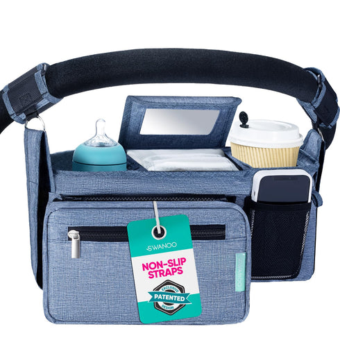 v2 Swanoo Stroller Caddy Organizer With Cup Holder, Non-Slip Straps, Bag for Phone, Pet Accessories, Universal Fits