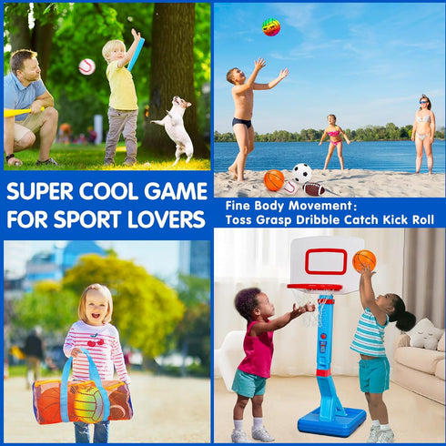 5 Pack Sports Balls Set for Kids with Bag, Includes Football, Soccer, Basketball, Baseball, Volleyball Toys
