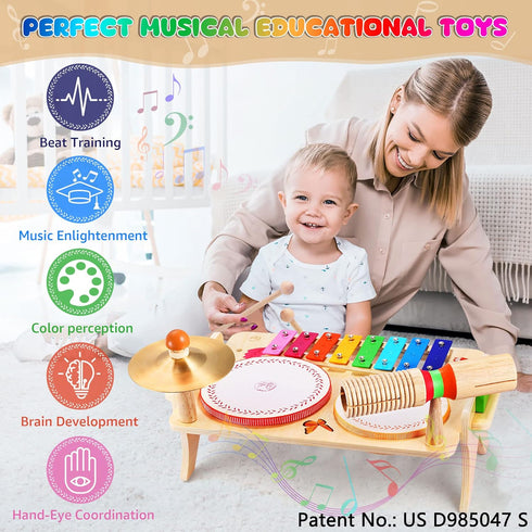 Kids Drum Set for Toddlers - 7 in 1 Montessori Preschool Musical Toys, Drum Kit, Xylophone, Tambourine Birthday Gifts