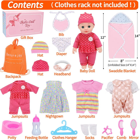 Besurejoy 12'' Playset 4 Set 3+ Baby Doll Nursery Care with Outfits,Clothes Hanger,Swaddle Blanket,Feeding