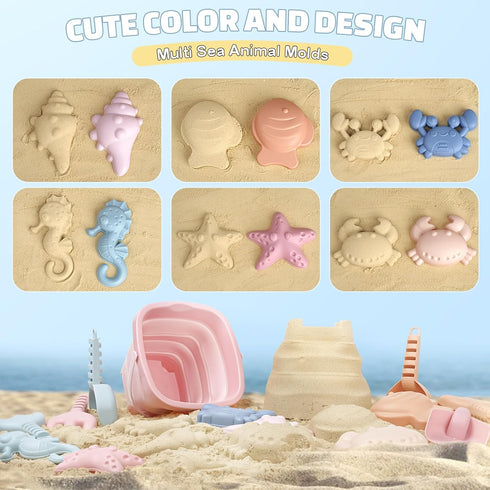 Set 3-10, 3 Pack Set Dreamon Beach Toys for Kids Collapsible Sand Buckets with Beach Molds and Mesh Bag, Shovels Sand