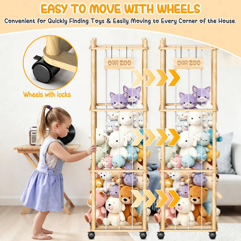 Belveora 3 Stuffed Animal Storage Organizer, Wooden Plushies Toy Zoo Holder with Wheels, Large Capacity Storage Tower