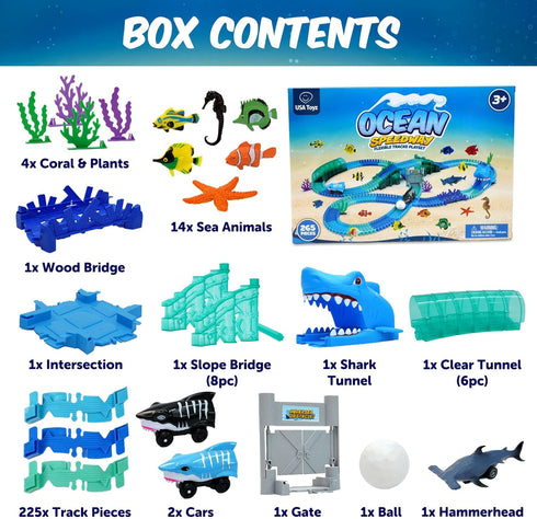 265pk Set 225 3 USA Toyz Ocean Race Tracks for Kids- Speedway Race Car Track with Flexible Roads, Shark Toy Cars