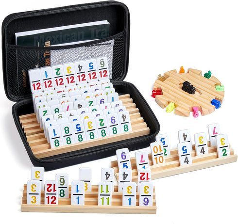 ELONGDI Mexican Train Dominoes Set with 4 Wooden Trays/Racks and Portable Carrying