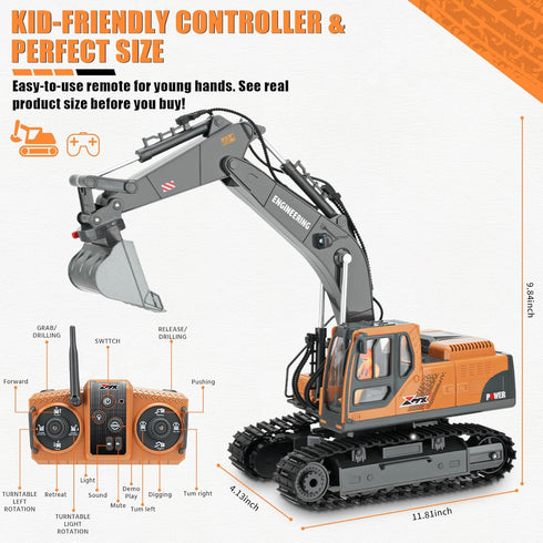 Dogern 3-12, 3-IN-1 2.4GHz 14 680Rotating, 2400mAh RC Excavator Toy for Boys Bucket/Claw/Drill, Channel Construction
