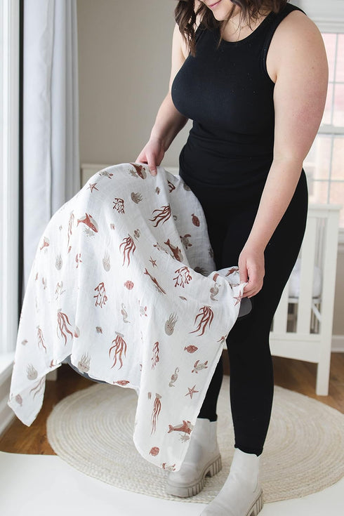 Set) LEYL&ARI Muslin Swaddle Blanket | Receiving Blankets for Baby Boy Girl | Under The Sea Friends (Grey