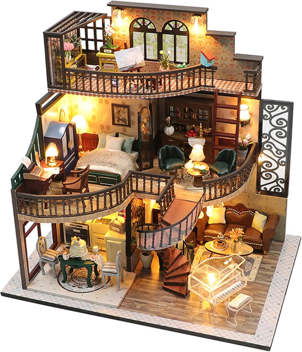 Lannso DIY Dollhouse Miniature Kit with Dust Proof Cover and Music Box, Mini Wooden Dollhouse Toys