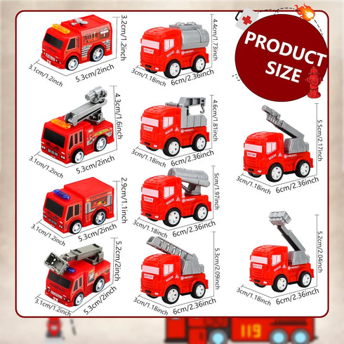 30 Pcs Mini Pullback Fire Truck Toy, Small Red Emergency Vehicles for Firefighter Party Supplies, 10 Styles