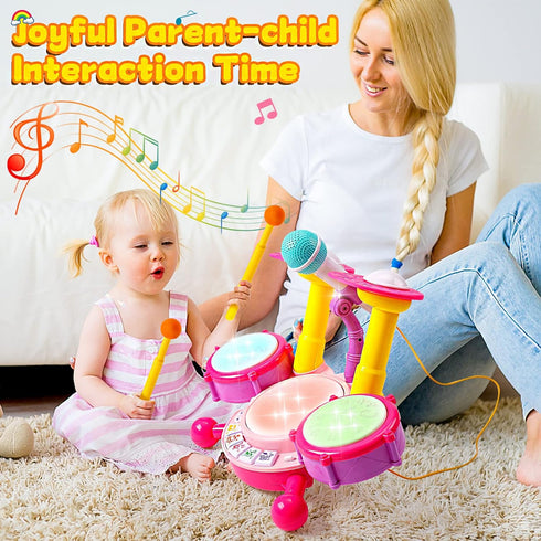 Kids Drum Set for Toddlers 1-3 - Musical Baby Girl Toys, Educational Microphone Instruments for 1 Year Old Gifts