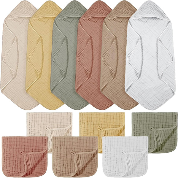 VitalCozy 12 Pcs Baby Muslin Hooded Bath Towels and Washcloths Muslin Cotton