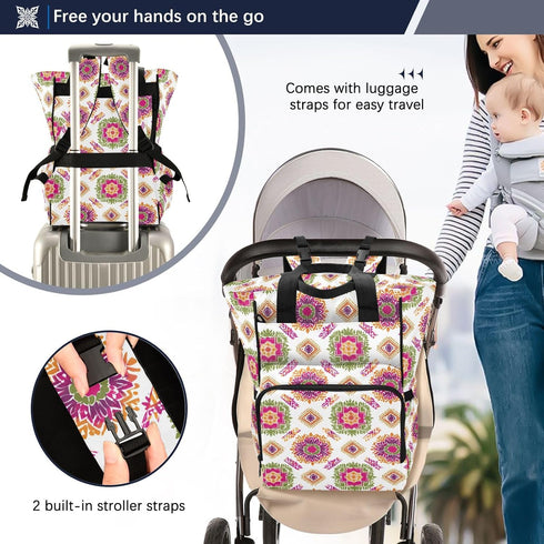 SUABO Backpack Powder Red Green Orange Ethnic Silk Pattern Baby Diaper Bag Large Bag Waterproof Travel Diaper Bags