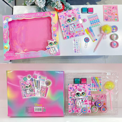 YOYTOO Set 5 6 7 8 9 10 Cat Diary for Girls with Lock, Cat Stationery with Secret Diary, Stamps, Pens, Journal Notebook