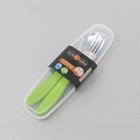 Innobaby Din Din Smart EZ Grip Spoon and Fork with Carrying Case, Utensil Set for Kids and Toddlers, BPA Free (Green) by Innobaby