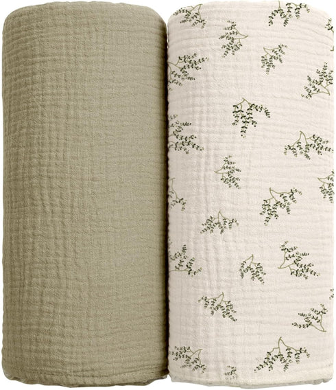 Baby Muslin Swaddle Blankets, Soft Receiving Blanket for Newborn, Cotton Swaddling Blanket, Neutral 2 Pack, Leaf
