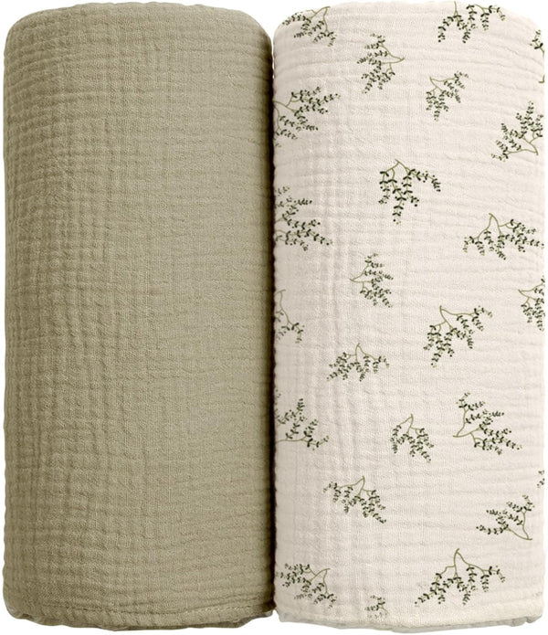 Baby Muslin Swaddle Blankets, Soft Receiving Blanket for Newborn, Cotton Swaddling Blanket, Neutral 2 Pack, Leaf