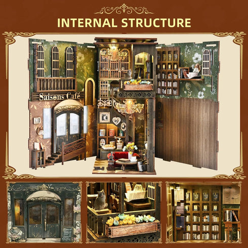 MiniCity Book Nook Kit, DIY Miniature Dollhouse Book Nook Kit with Dust Cover and LED Light (Saisons Caf)