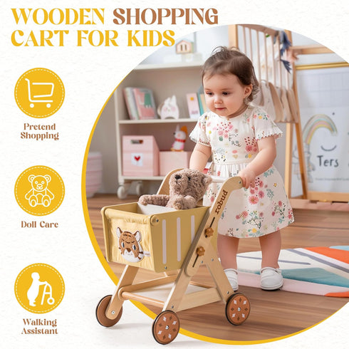 ROBUD Baby Push Walker Doll Stroller, Wooden Shopping Cart for Girls Boys, Adjustable Height Walker for Kids