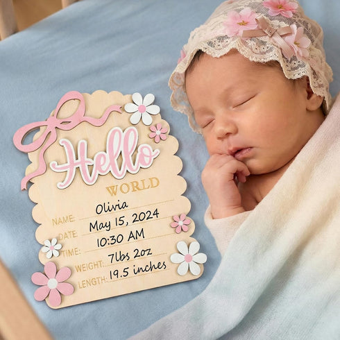 QFGasre 3D Baby Announcement Sign Hello Worlds Newborn Sign Wooden Pink Bows Birth Announcement Signs Shes Here Card