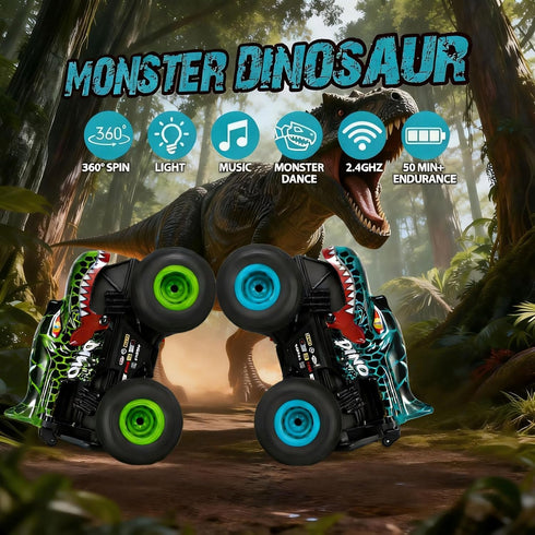 2.4Ghz 3 360 2 DYODYORC Remote Control Car, All Terrain Dinosaur Monster Truck Toys, RC Truck with Music, Lighting