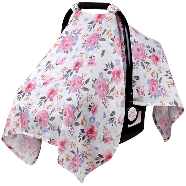 Rquite Infant Car Seat Cover for Babies Girls, 100% Muslin Cotton Carseat
