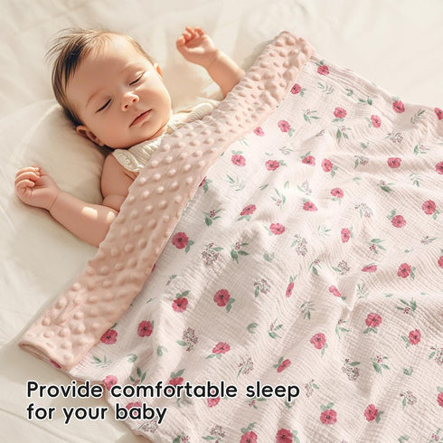 40x50 Inches, david's kids Muslin Minky Baby Blanket for Girls with Muslin Cotton Front and Dotted Fleece Backing