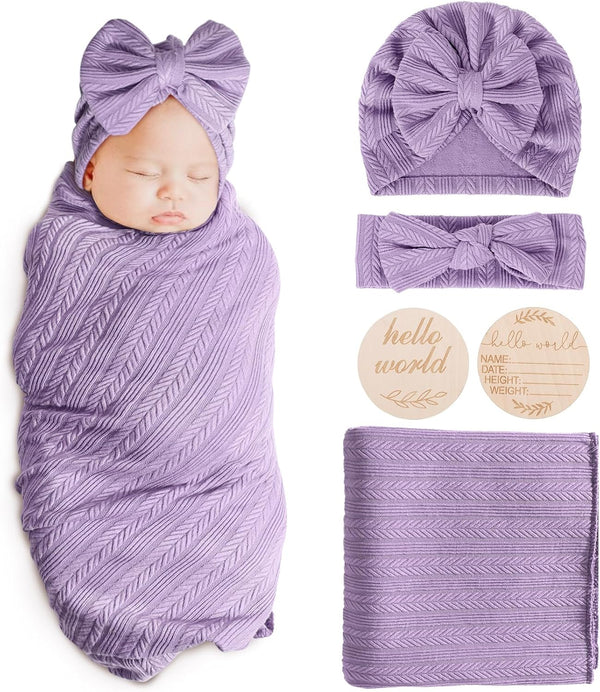 AQOKKA Newborn Receiving Blanket with Bow Hat Headband Wooden Card Set Wheat-Pattern