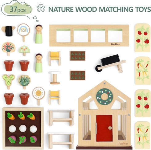 PairPear Flower Garden Toy Greenhouse Playset, Toddlers Wooden Dollhouse Garden Toys, Pretend Play Food Set for 3 Years