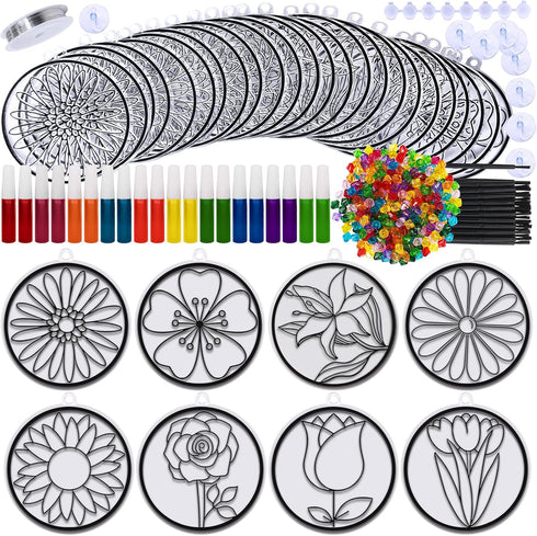 24 Set Winlyn Spring Flower Suncatchers Ornaments Decorations DIY Window Paint Art Kit for Kids Classroom Activities