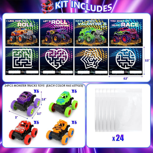 24Pack choopheme Monster Truck Toys Valentines Day Cards Gifts for Kids Valentines Cards Inertia Stunt Car Valentines