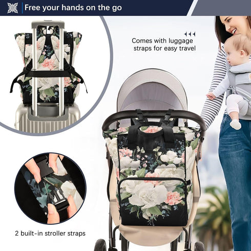 SUABO Backpack Baby Diaper Bag Love Rose Large Bag Waterproof Travel Diaper Bags for Moms and Dads